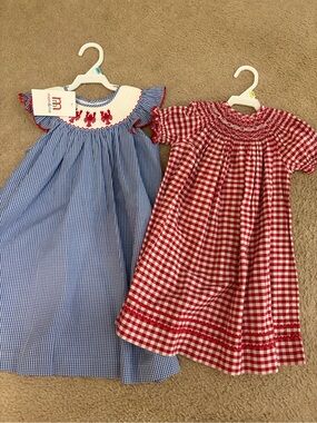 Girls red white blue gingham smocked dress bundle